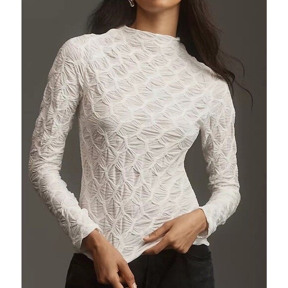 Maeve By ANTHROPOLOGIE Mock Neck Textured Semi Sheer Top Sz L Minimalist - Picture 1 of 16